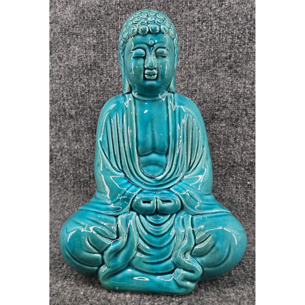 Buddha Figurine 13" Turquoise Blue Ceramic Meditating Dhyana Statue Decor Zen